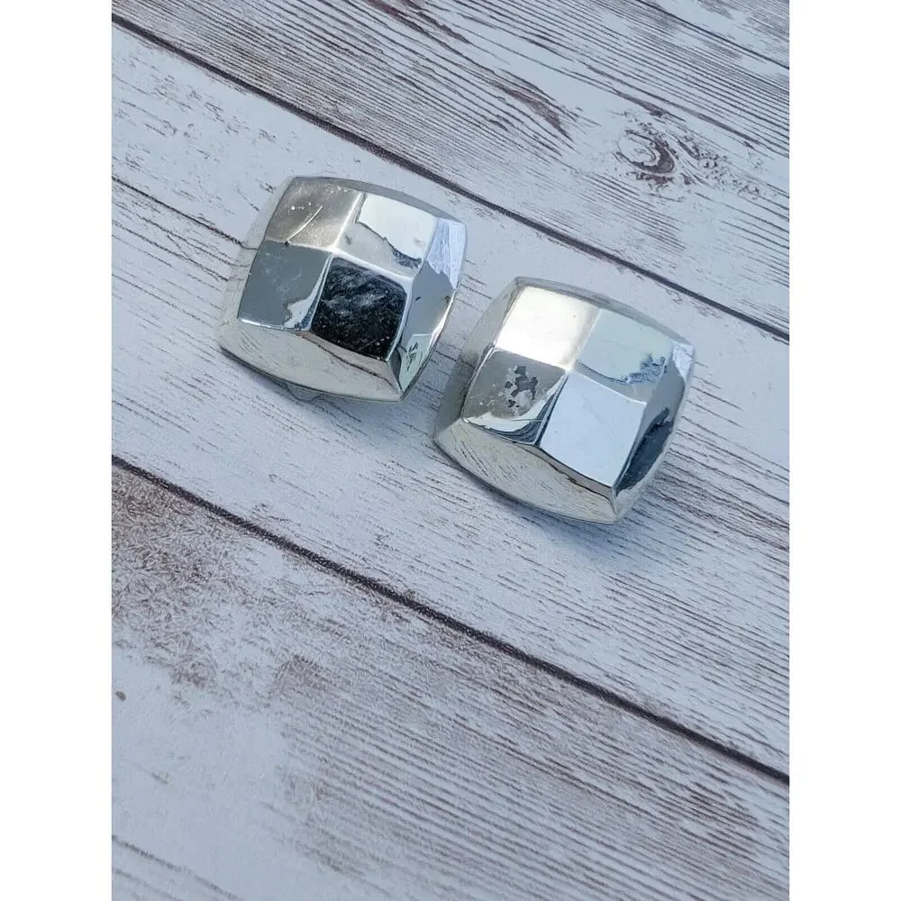 Vintage Clip On Earrings - Chunky Silver Tone - Scuffed